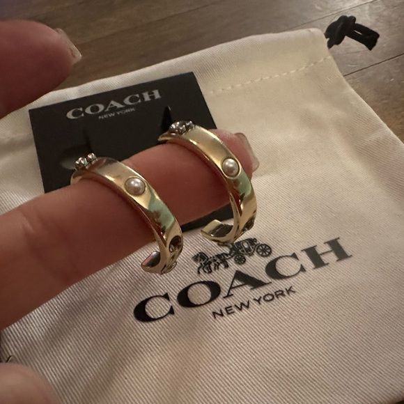 Coach Gold Pegged Signature C Faux Pearl Crystal Hoop Earrings - Picture 4 of 8